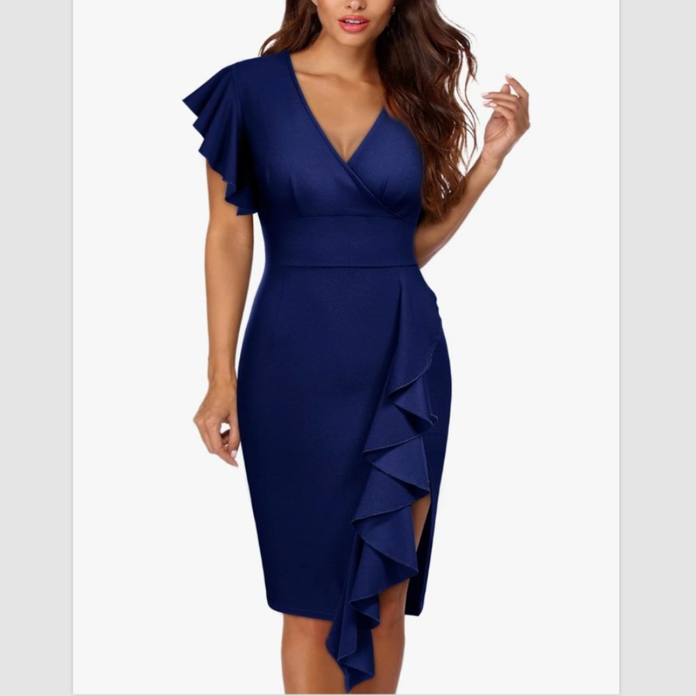 KNITEE Women's Deep-V Neck Ruffle Sleeve Dress Stretch Size XL - Navy Blue NWT